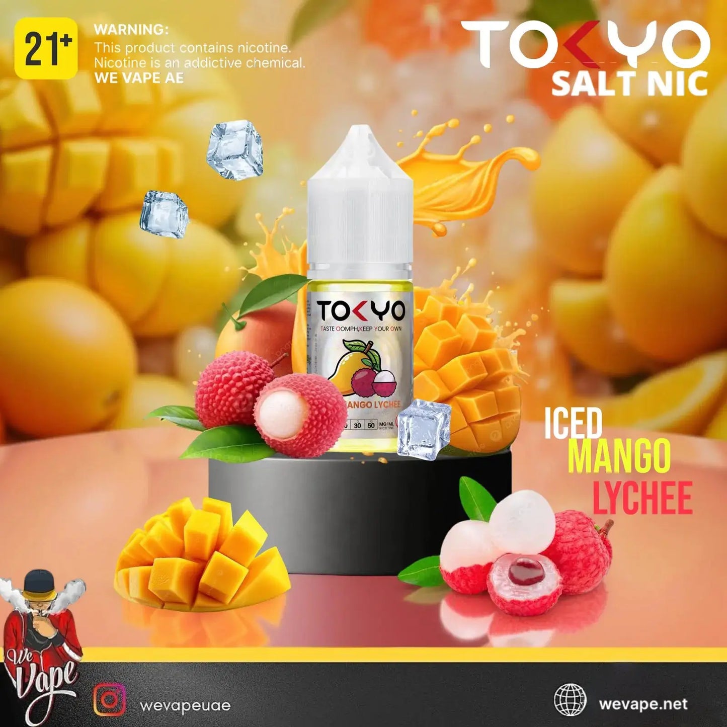TOKYO SALT NIC vape juice bottle with mango and lychee graphics on a colorful background
