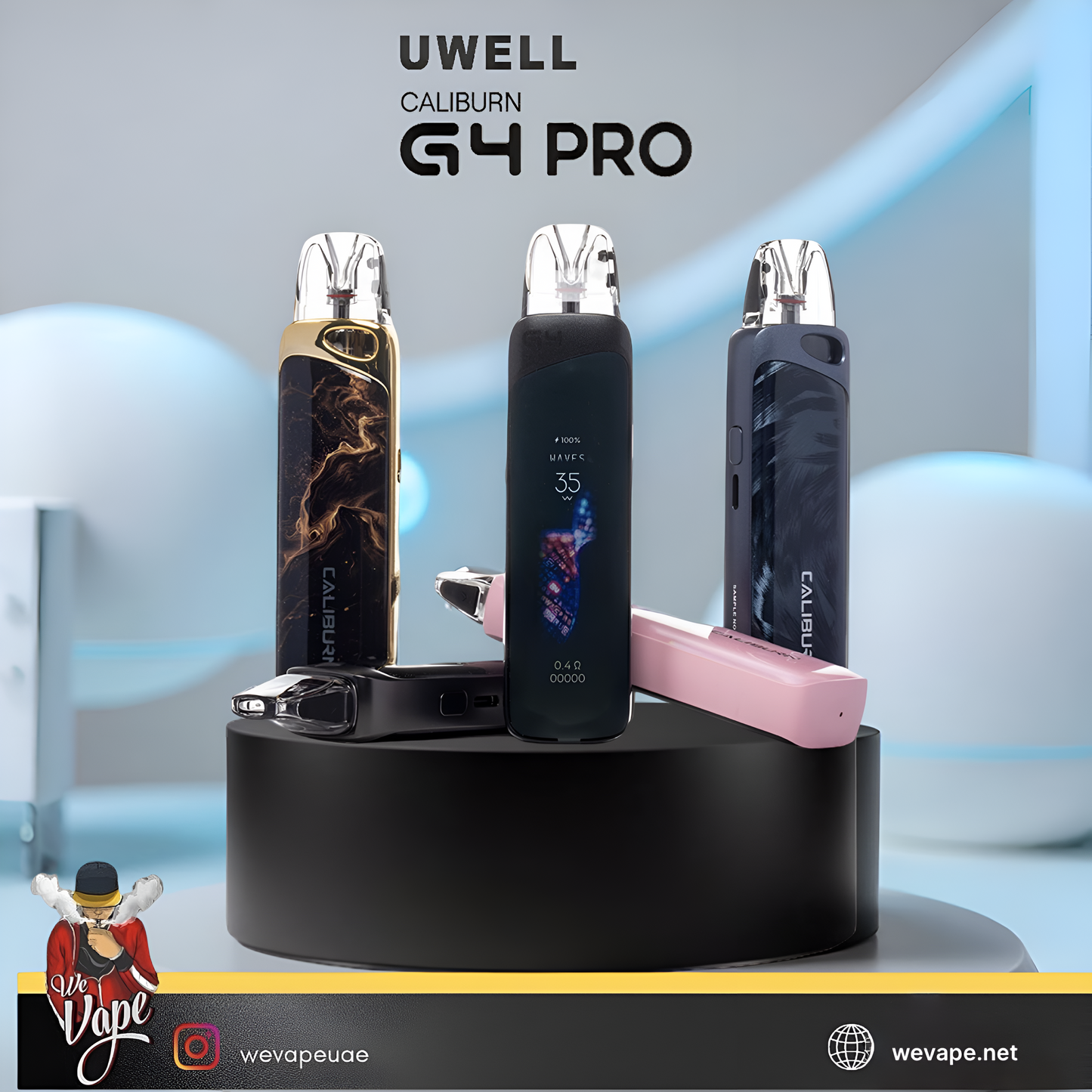UWELL Caliburn G4 Pro vaping devices on a stand with a blurred background