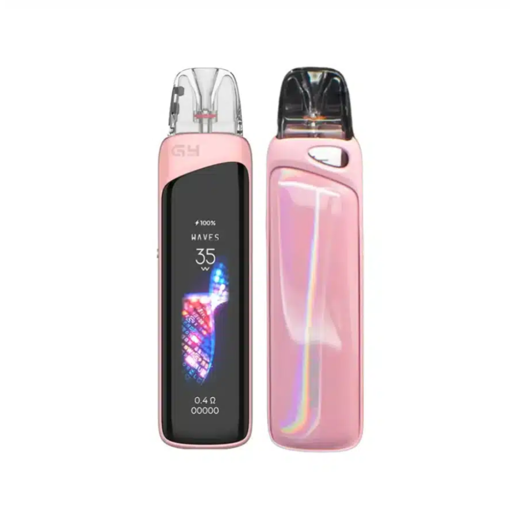 uwell caliburn g4 pro in Pink and black electronic device with digital display on a white background facing front and back