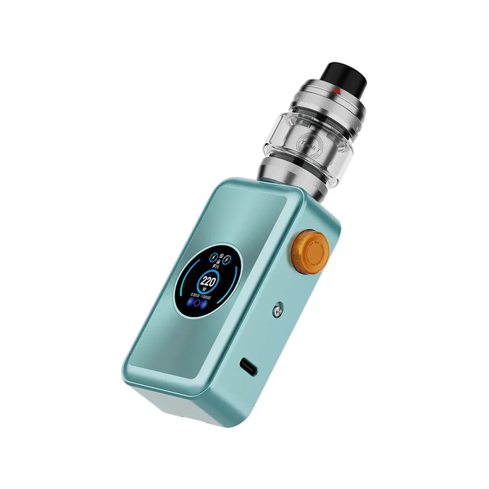 Teal vape device with digital display and orange button on a white background. Order Now