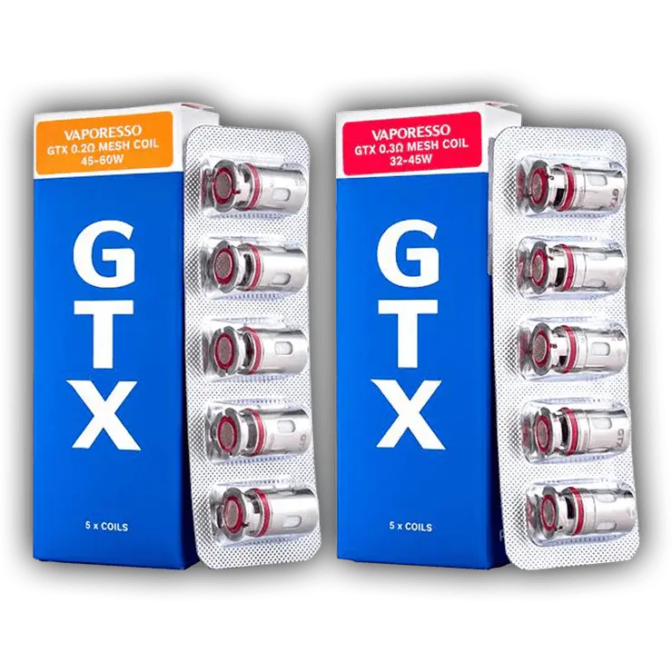 Two packages of Vaporesso GTX coils with blue boxes and white blister packs.