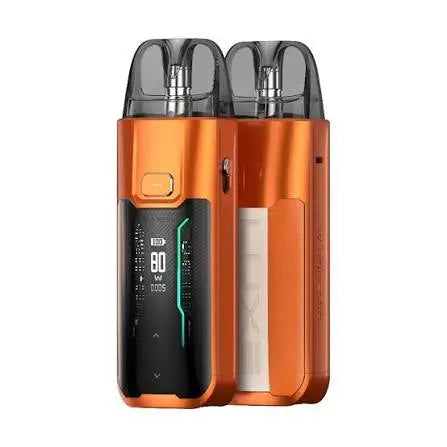 Orange vape device with digital display on a white background. Order Now