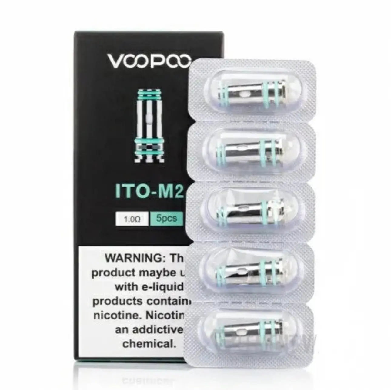 VOOPCO ITO-M2 vape cartridge packaging with warning label on a white background