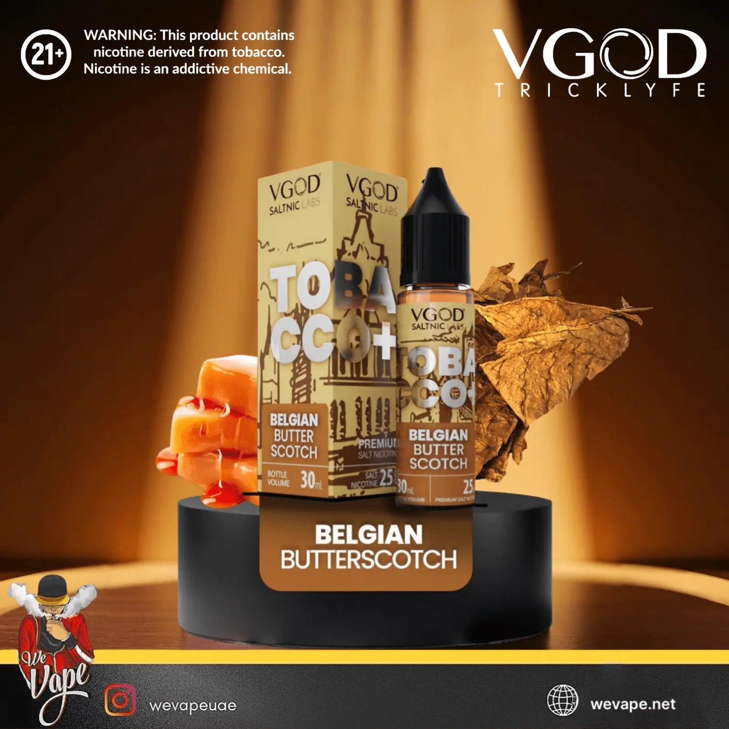 VGOD Belgian Butterscotch vape juice packaging with leaf and candle on a dark background