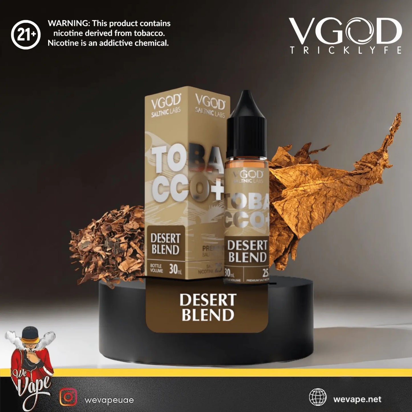 VGOD TOBACCO+ Desert Blend vape juice packaging with tobacco leaves on a dark background