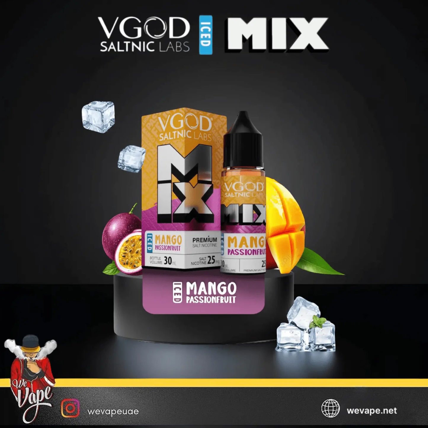 VGOD SaltNic Labs Mango Passionfruit vape juice packaging with ice cubes on a dark background