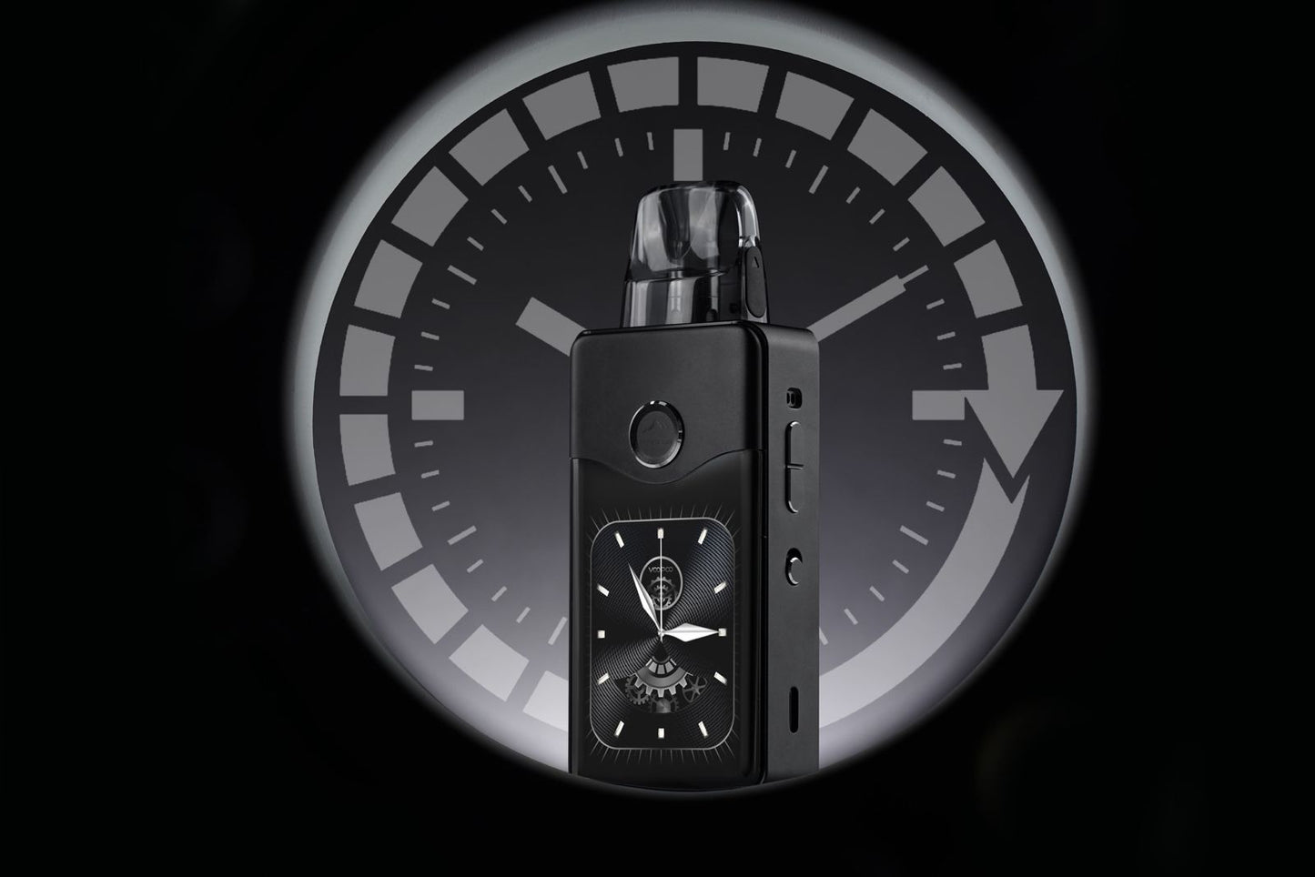 Voopoo Vinci E120 High-Power Vape Kit with Long Battery Life and Gene.AI Chip in black background with clock design