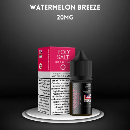 Watermelon Breeze by PODSALT saltnic with packaging in black background