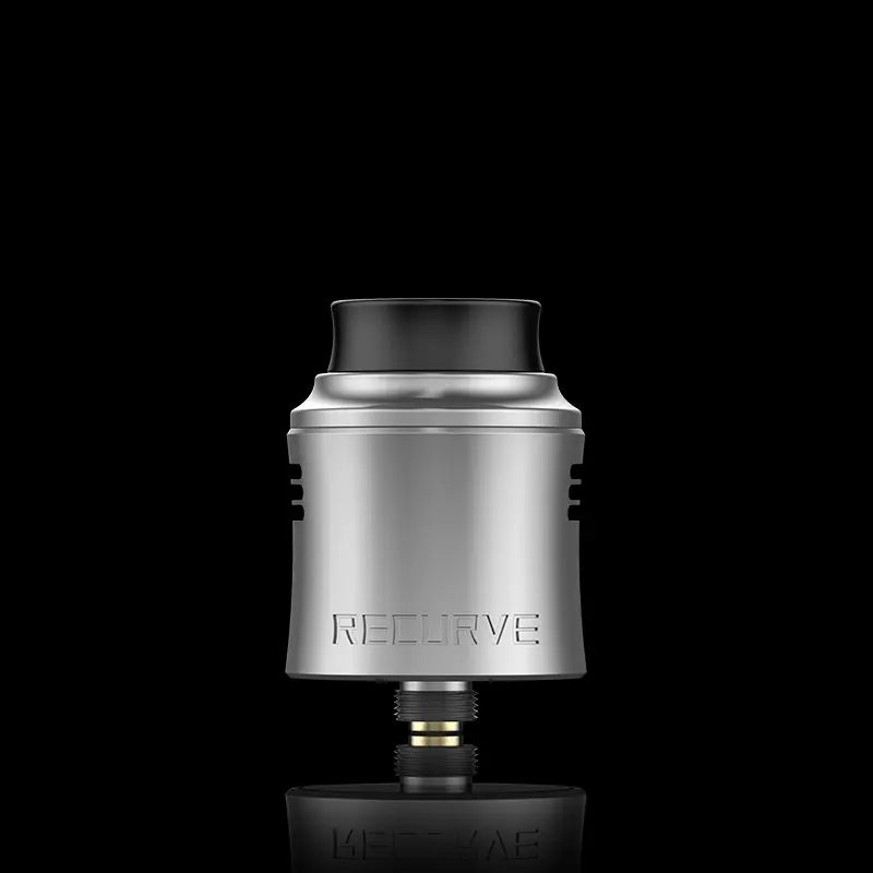 Metallic vape atomizer with 'RECURVE' branding on a black background