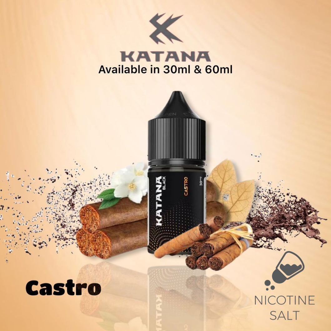 Katana Black Castro by Tokyo Saltnic E-Liquid Bottle – A blackcurrant vaping sensation.