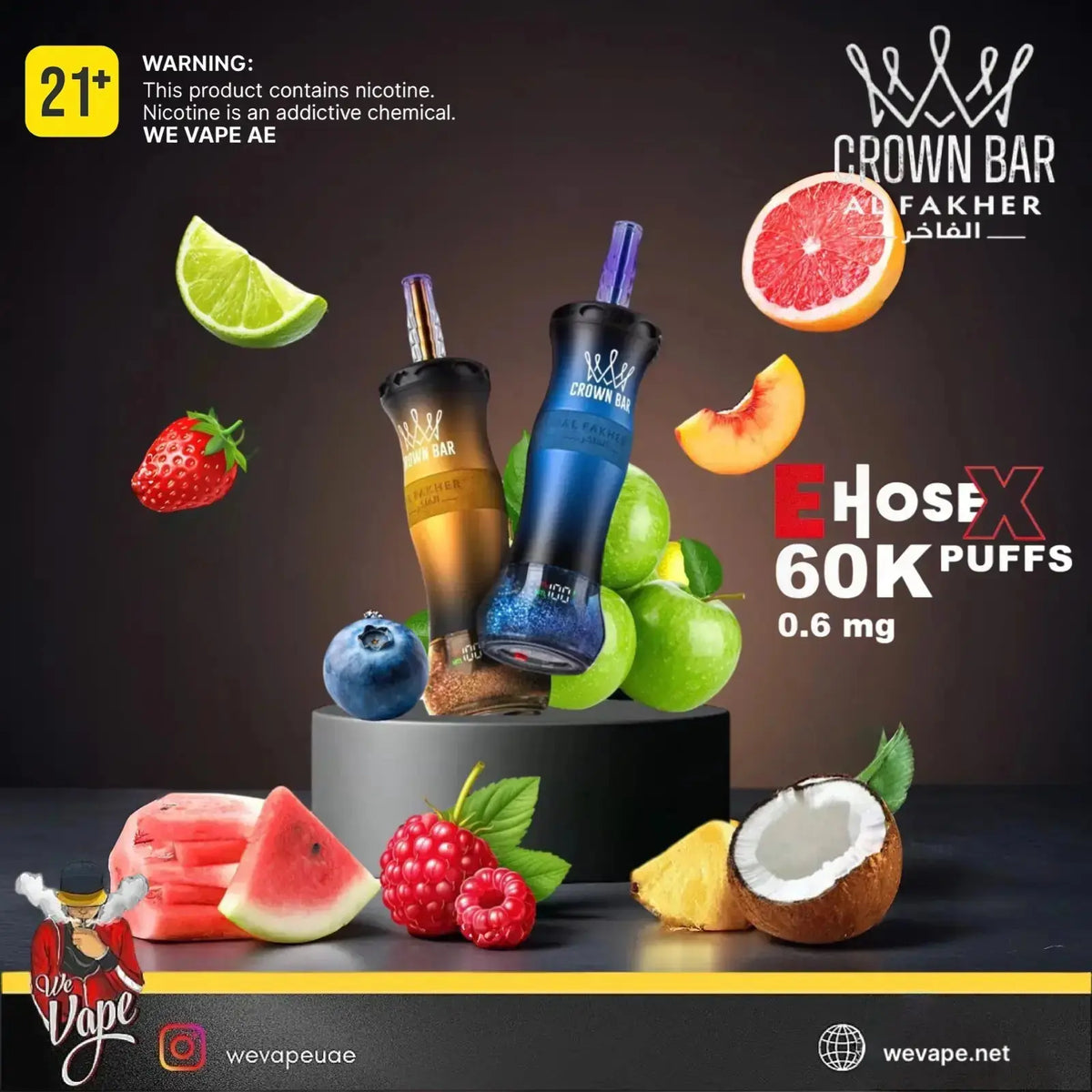 Promotional graphic for Crown Bar vape products showing two bottle-style devices on a pedestal with floating fruit slices and whole fruits around them. Large text reads 'E Hose X 60K Puffs 0.6 MG