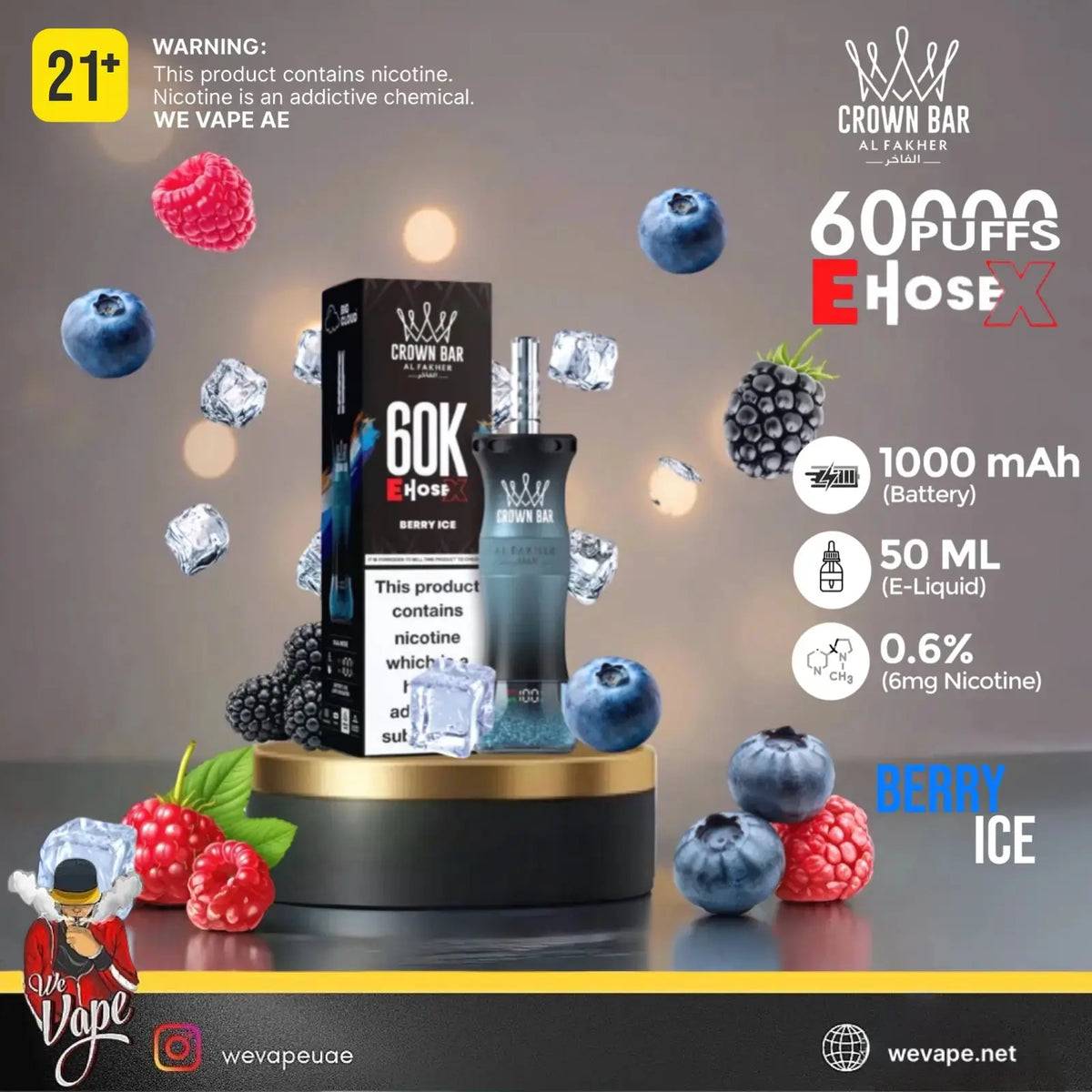 Crown Bar E Hose X vape device with packaging and fruit graphics on a gray background