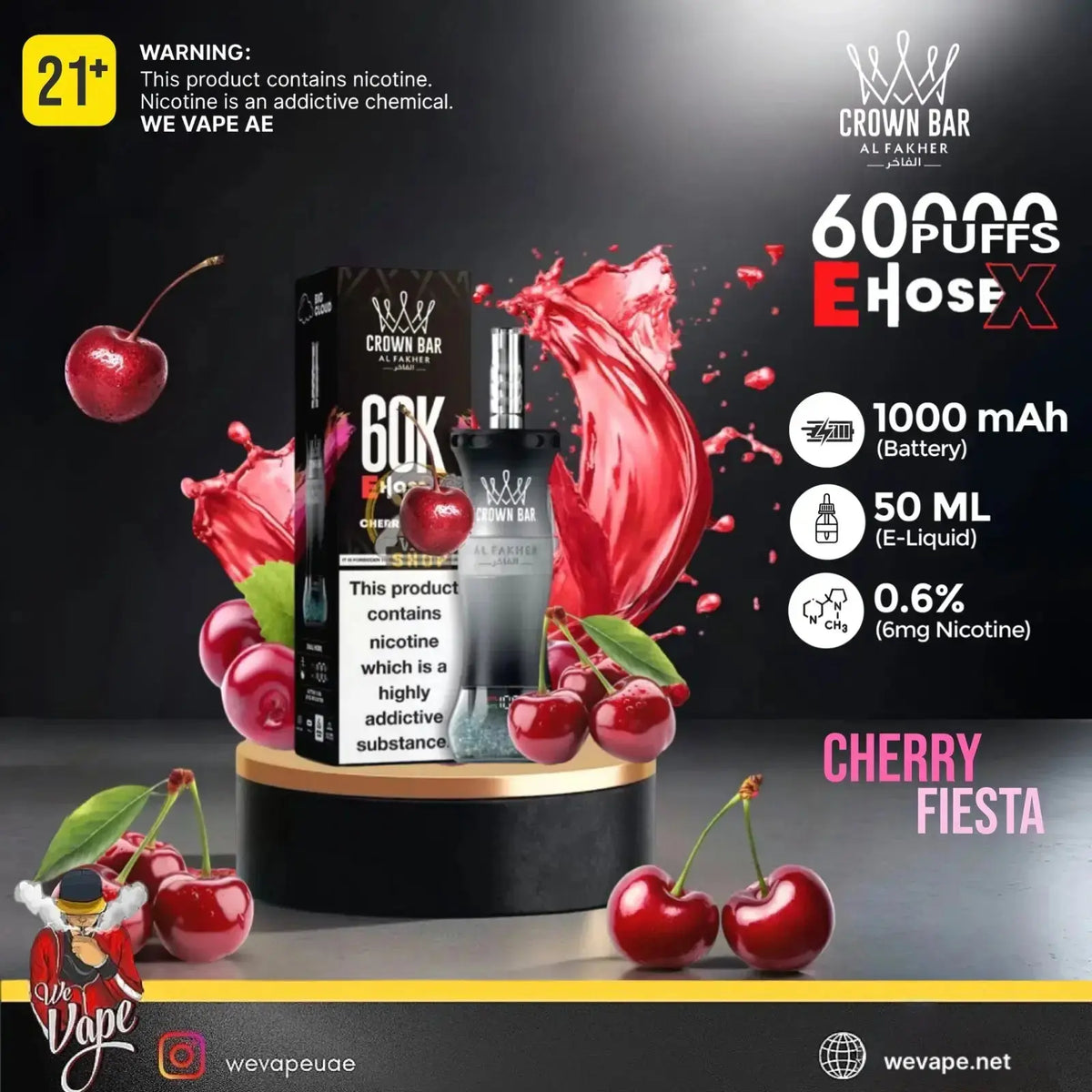 Crown Bar 60K E HoseX disposable vape device in Cherry Fiya flavor, displayed on a black and gold pedestal with a cherry juice splash effect and cherries. The image includes product specifications, a 21+ warning, and brand logos on a dark background.