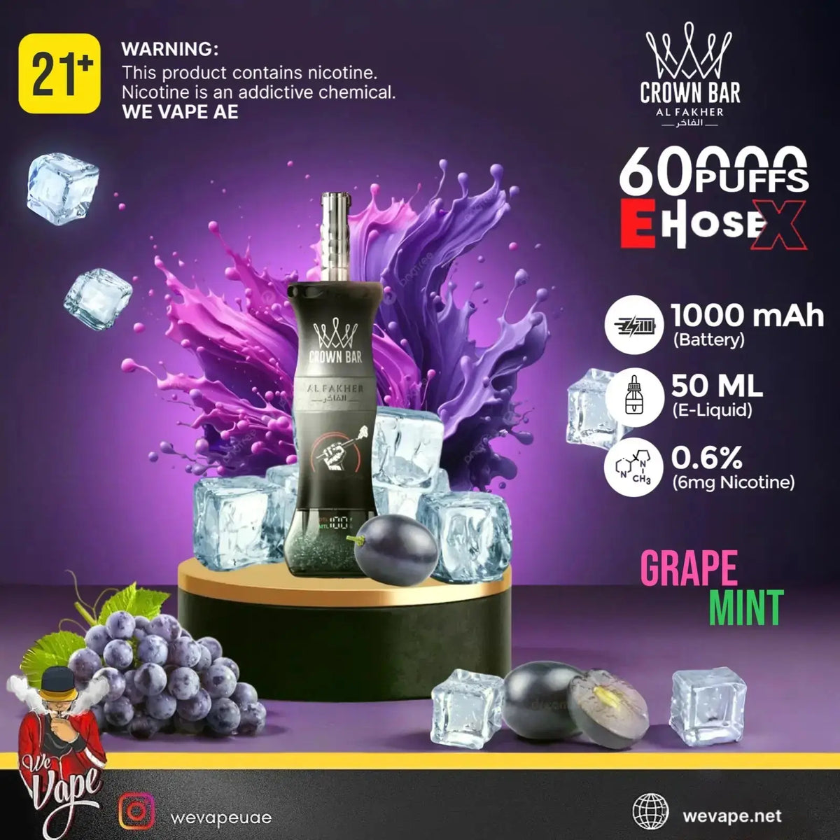 A promotional graphic for the We Vape AE Crown Bar Al Fakher E-Hose X 60000 Puffs disposable vape device. The product is a black and gold cylindrical vape device with a silver mouthpiece, displayed on a gold pedestal with ice cubes and grape imagery against a purple background with various product specifications and brand logos.