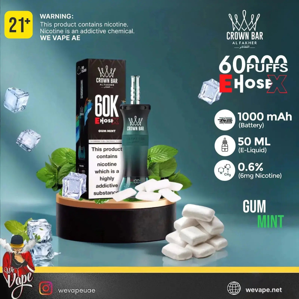 Crown Bar 60 K Hose X Gum Mint disposable vape device shown with its packaging box on a wooden platform, surrounded by mint leaves, ice cubes, and white gum pieces. The background is a dark teal gradient with product specifications and a yellow nicotine warning label.