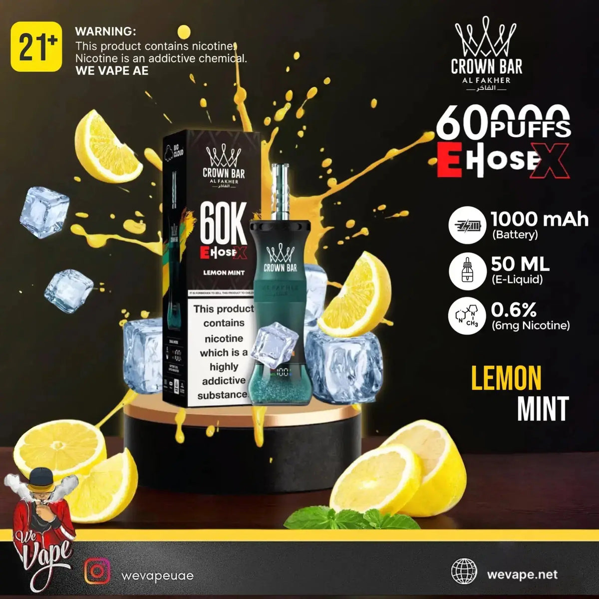 Crown Bar 60K E-liquid Lemon Mint disposable vape device and packaging box displayed on a black background with lemon slices, ice cubes, and yellow liquid splashes. Text highlights 60 puffs, 1000 mAh battery, 50 ML e-liquid, 0.6 MG
