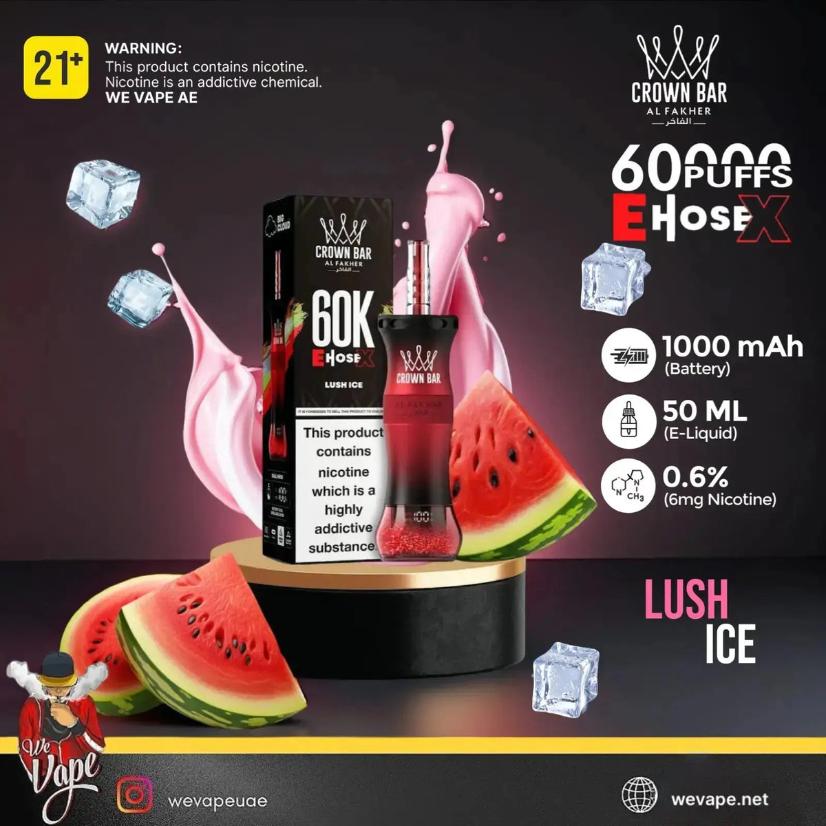 Vape product advertisement for Crown Bar 60K Hose X disposable vape in Lush Ice flavor. The image features a black and red vape device next to its black packaging box, both branded with the Crown Bar logo.