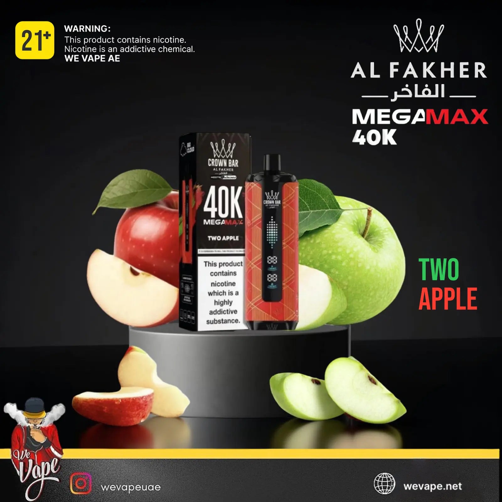 Al Fakher Megamax 40K Two Apple vape product with apples on a black background. Order Now!