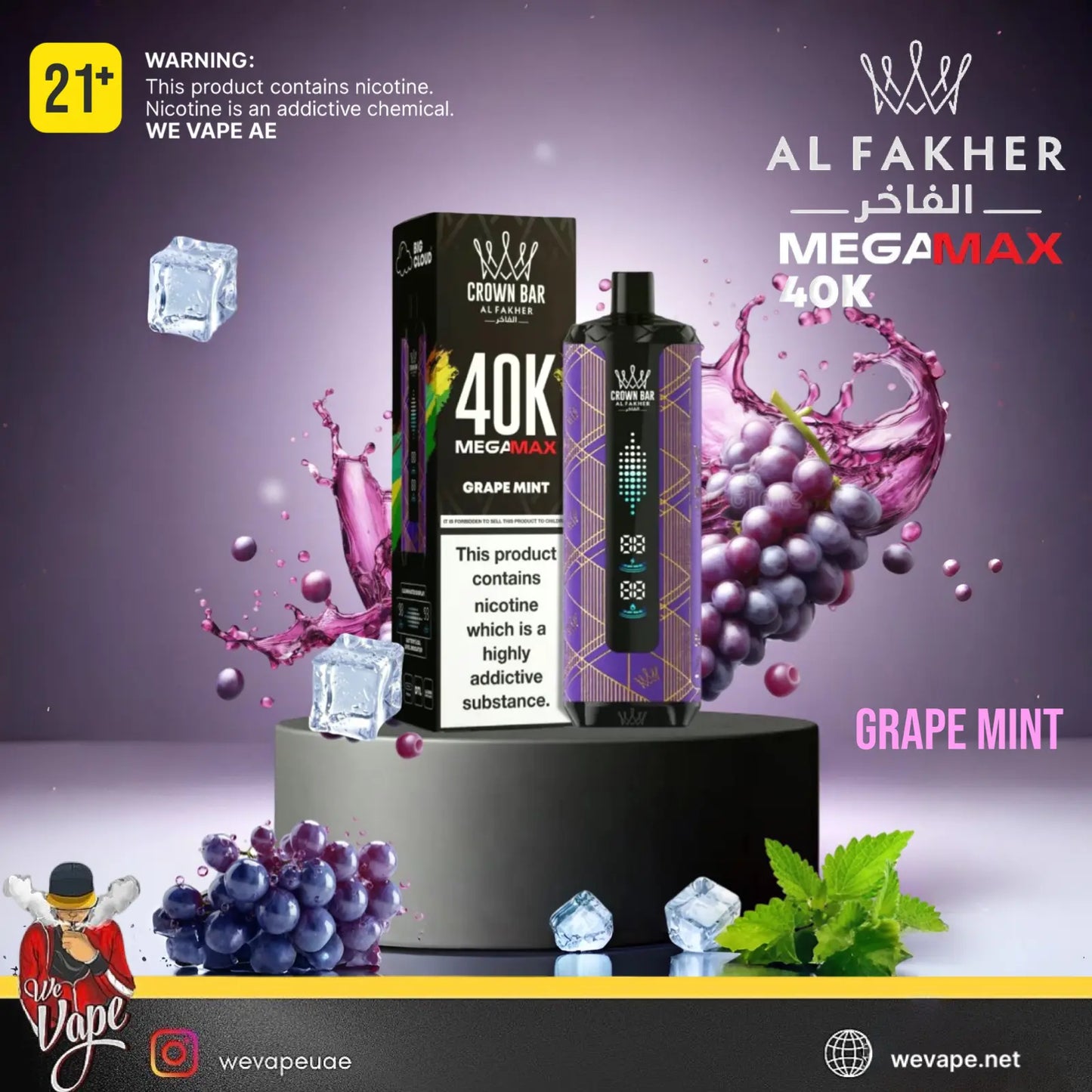 Al Fakher MegaMax 40K Grape Mint vape product with packaging on a purple background. Order Now