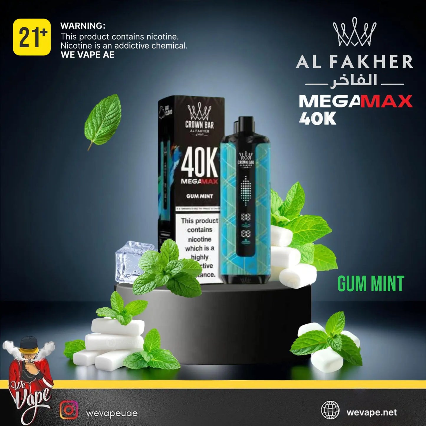 Al Fakher MegaMax 40K Gum Mint vape product with packaging and mint leaves on a dark background. Order Now!