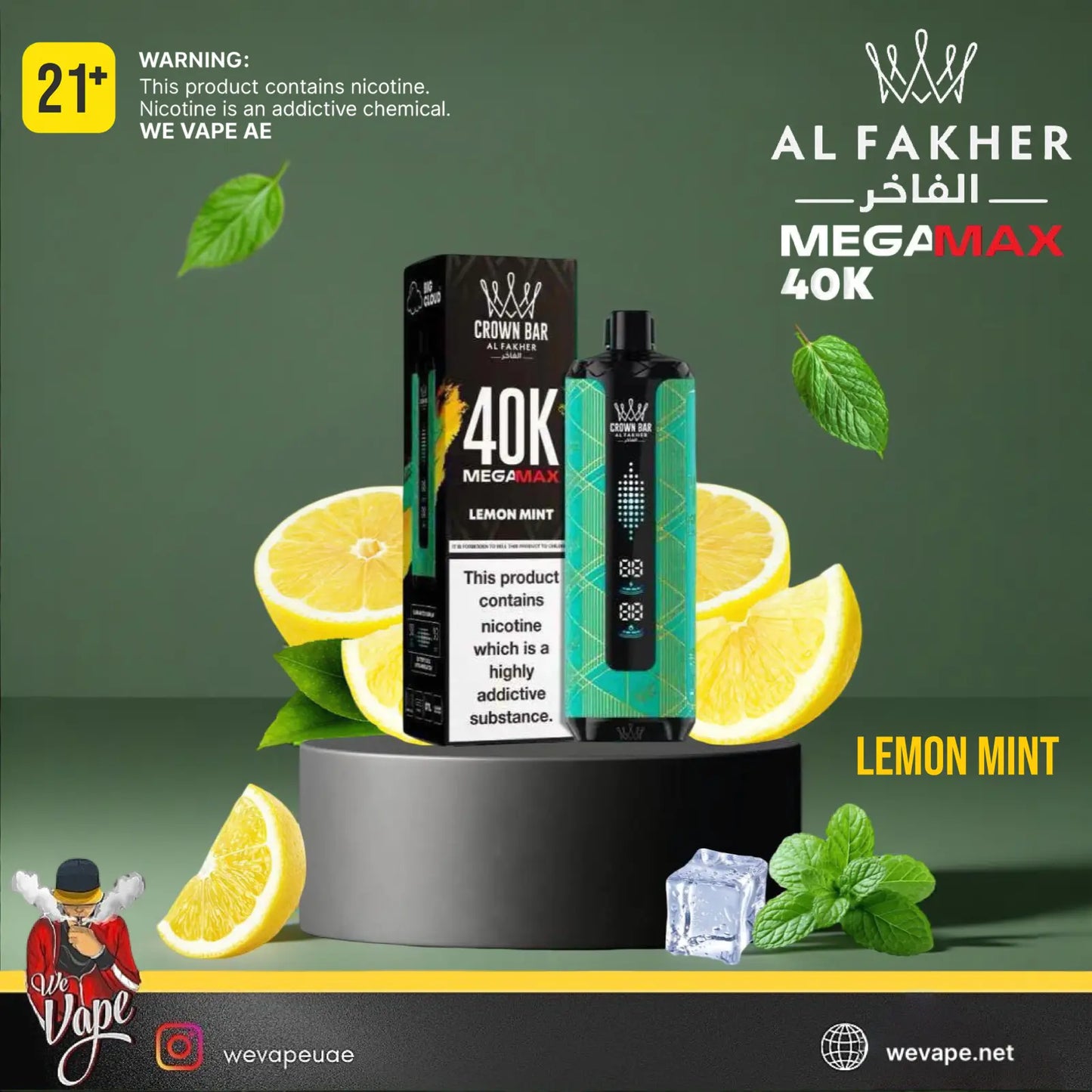 Al Fakher Megamax 40K Lemon Mint vape product with packaging and lemon slices on a green background. Order Now