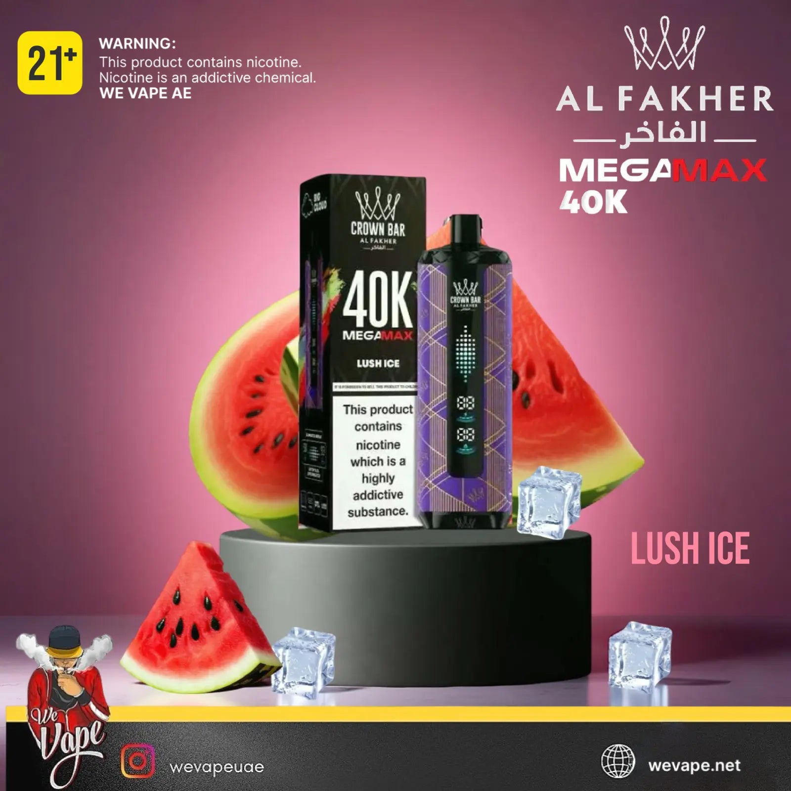Al Fakher MegaMax 40K vape device with packaging and watermelon slices on a pink background. Order Now!