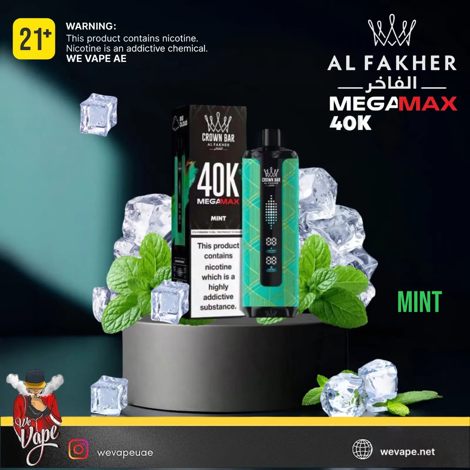 Al Fakher MegaMax 40K vape device and packaging with mint leaves and ice cubes on a dark background. Order Now!