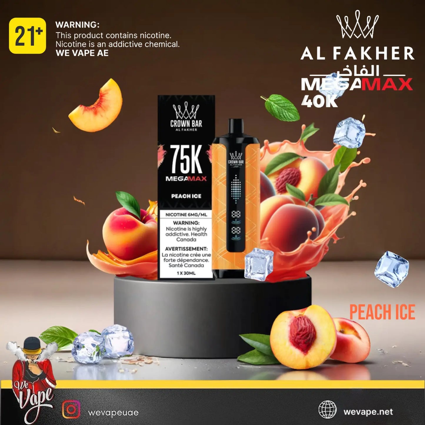 Al Fakher 75K MegaMax vape device with peach ice flavor packaging on a promotional background. Order Now!
