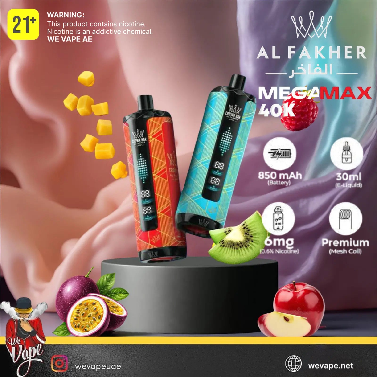 Two vape devices on a stand with fruit and packaging in the background, featuring branding and product details. / Order now and get FREE DELIVERY