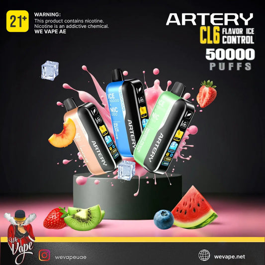Artery CL6 vape device with colorful elements and fruit graphics on a dark background. Order Now!