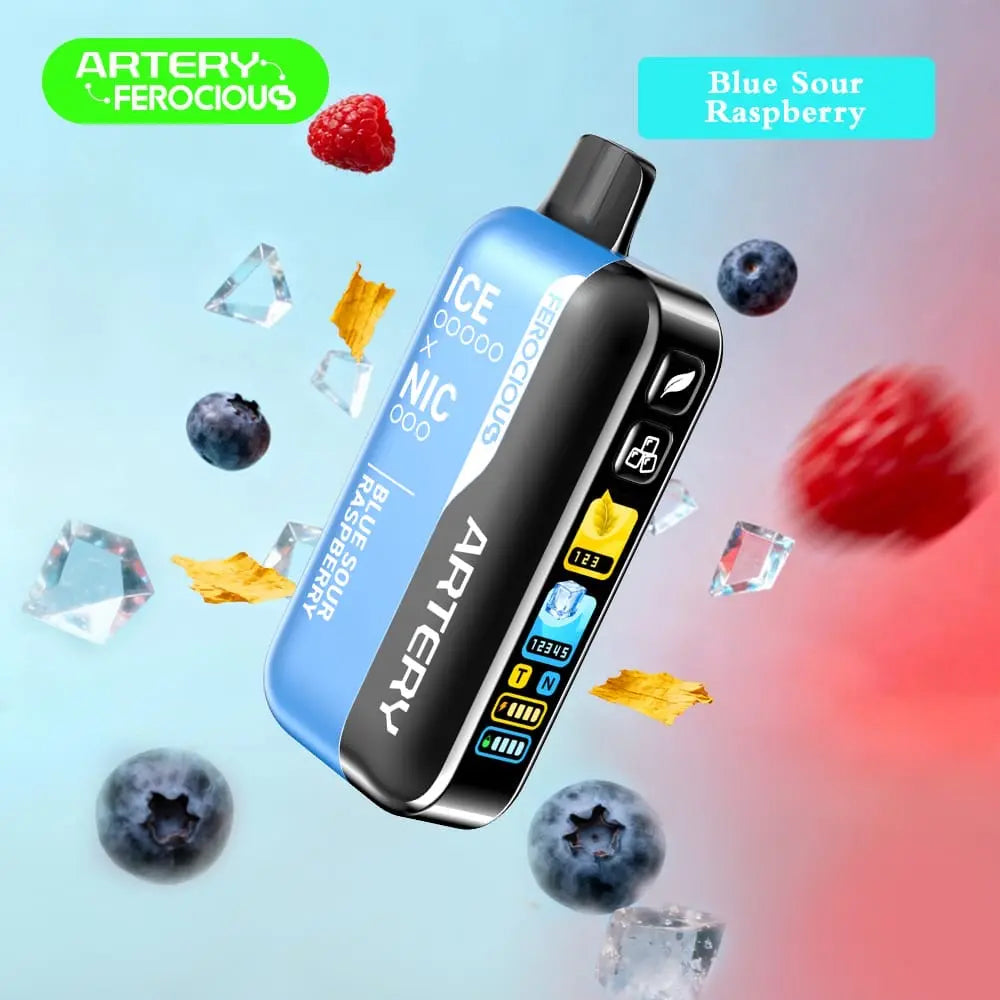 Artery vape device with blue and black design, surrounded by blueberries and raspberries on a colorful background. Order Now!