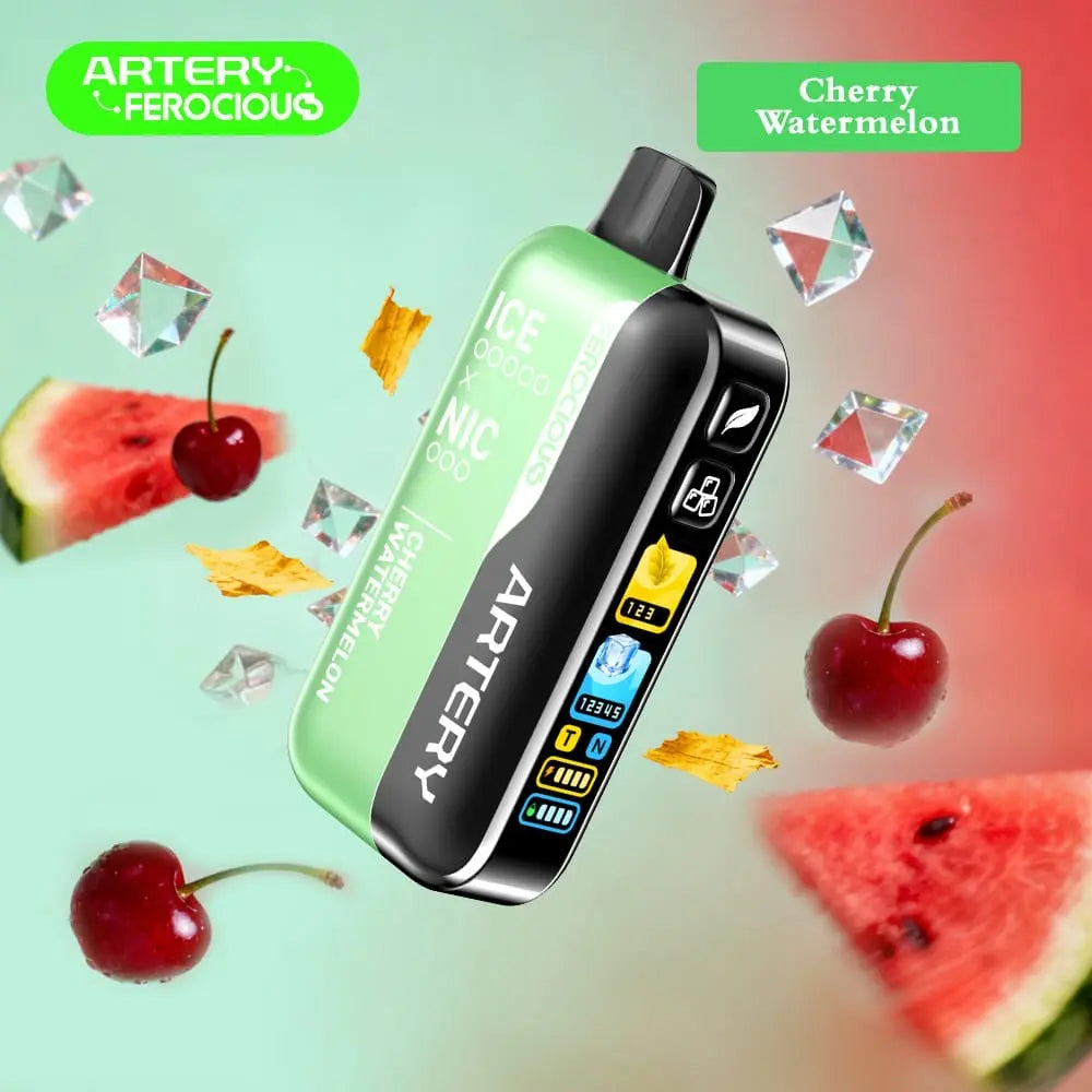 Artery vape device with cherry and watermelon graphics on a colorful background. Order Now