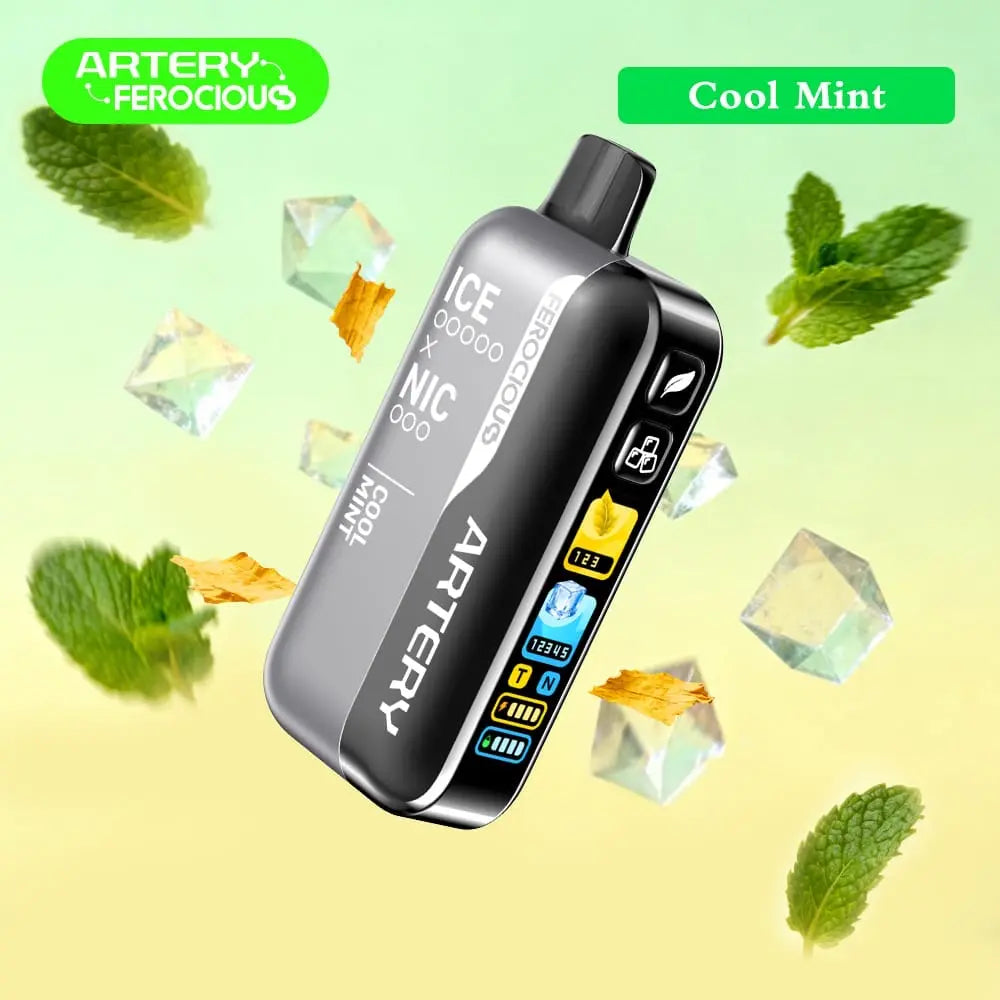 Vape device with 'Artery' branding on a green and yellow gradient background with mint leaves and crystals. Order Now!