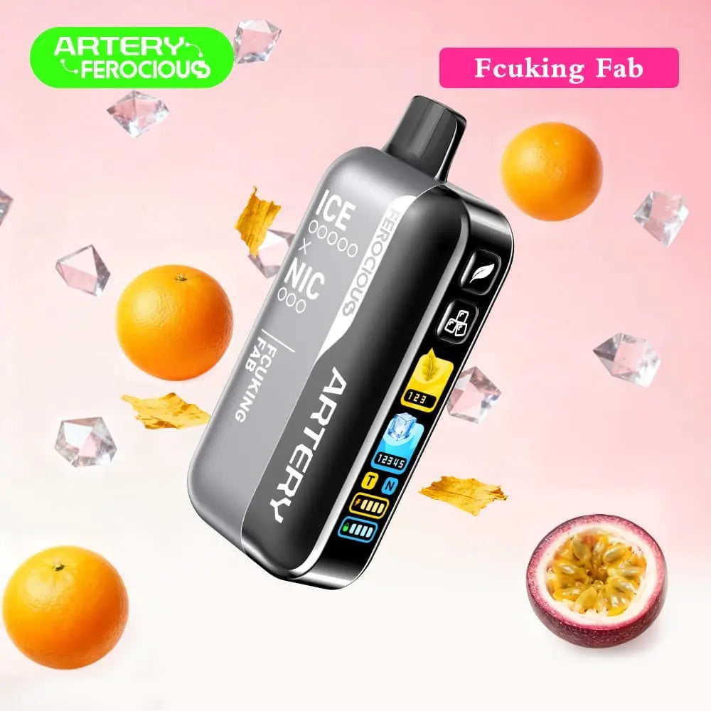 Vape device with 'Artery' branding on a pink background with oranges and a passion fruit. Order Now!