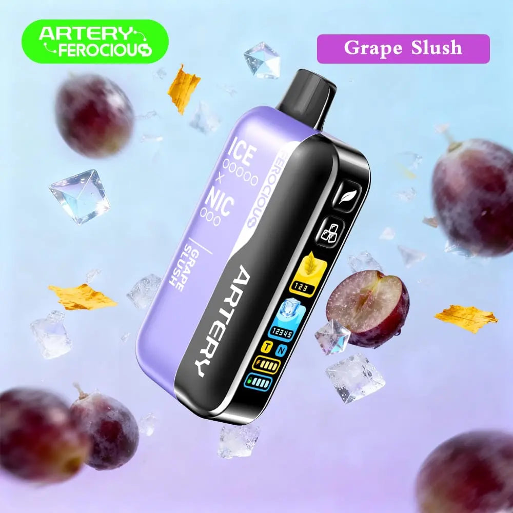 Vape device with 'Artery' branding and grape slush flavor on a colorful background with grapes and ice cubes. Order Now!