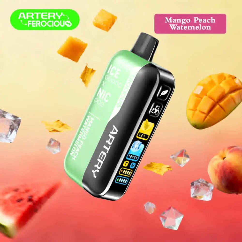 Artery vape device with mango, peach, and watermelon graphics on a colorful background. Order Now!