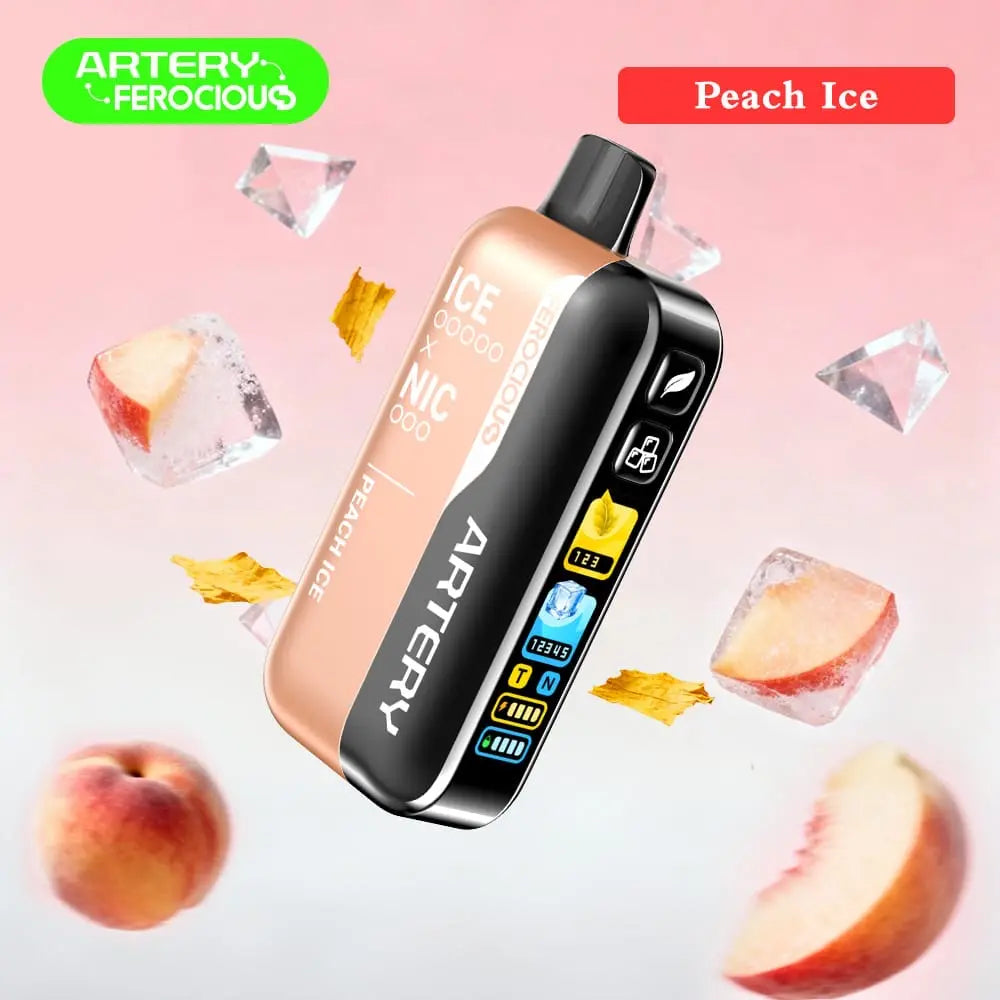 Artery vape device with peach ice flavor on a pink background. Order Now!