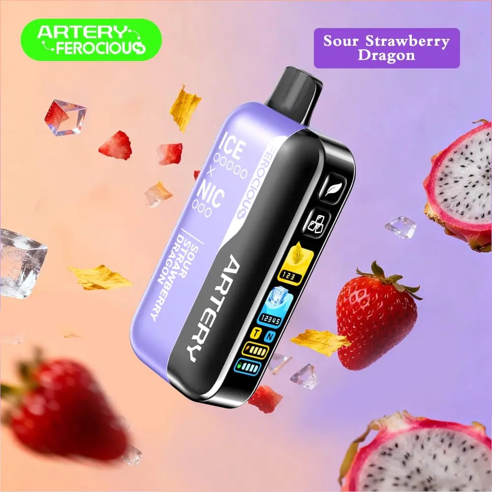 Vape device with 'Artery' branding on a colorful background with strawberries and dragon fruit. Order Now!
