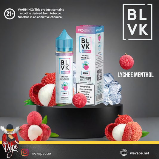 BLVK Lychee Menthol vape product with packaging and lychee fruit on a dark background