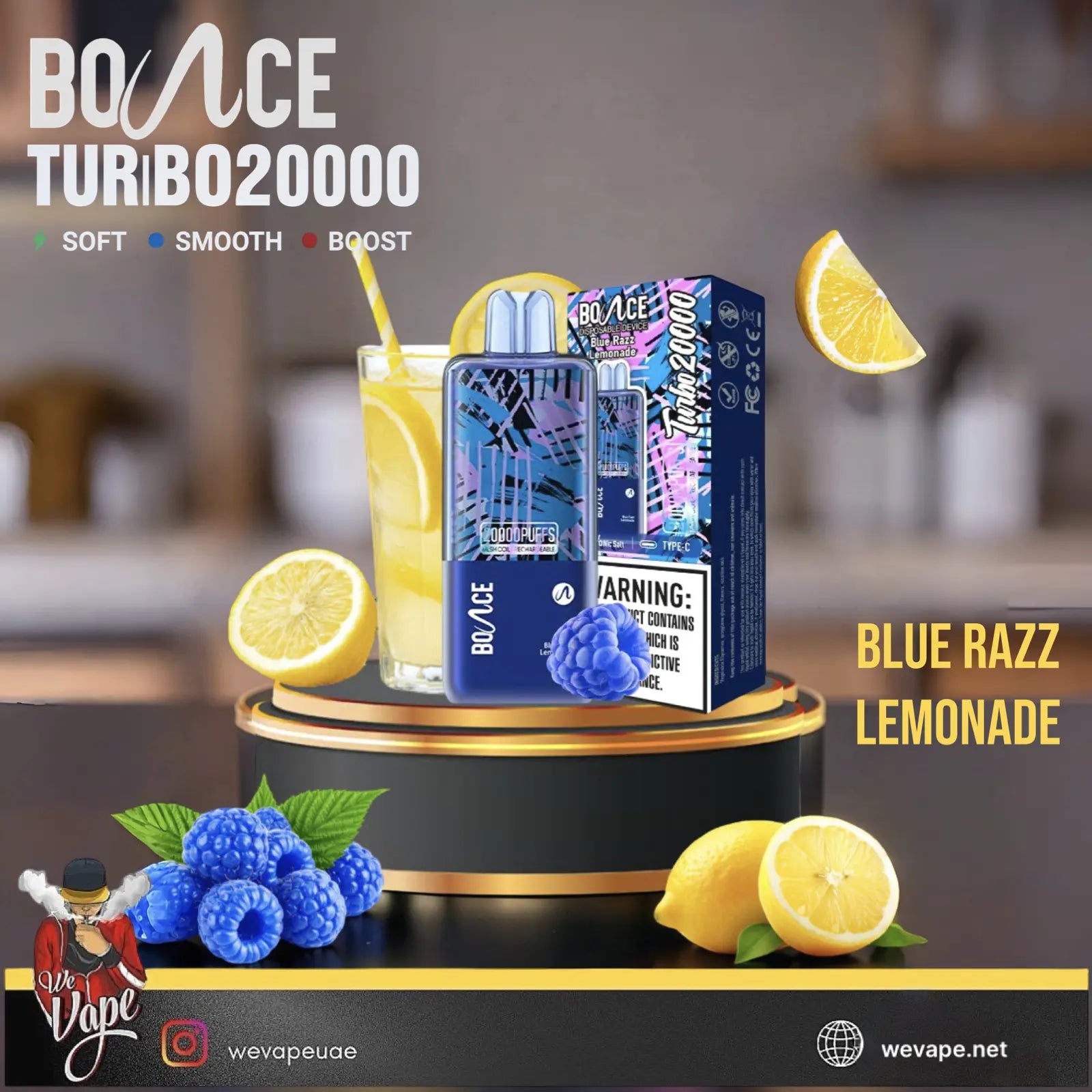 BOvACE Turbo 20000 disposable vape device in Blue Razz Lemonade flavor, displayed next to its packaging box on a black pedestal with lemon slices and blueberries.