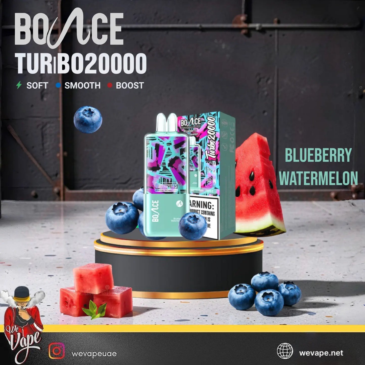 BOINCE Turbo 20000 disposable vape device in Blueberry Watermelon flavor, displayed on a black and gold pedestal with blueberries, watermelon slices, and ice cubes against a dark industrial background.