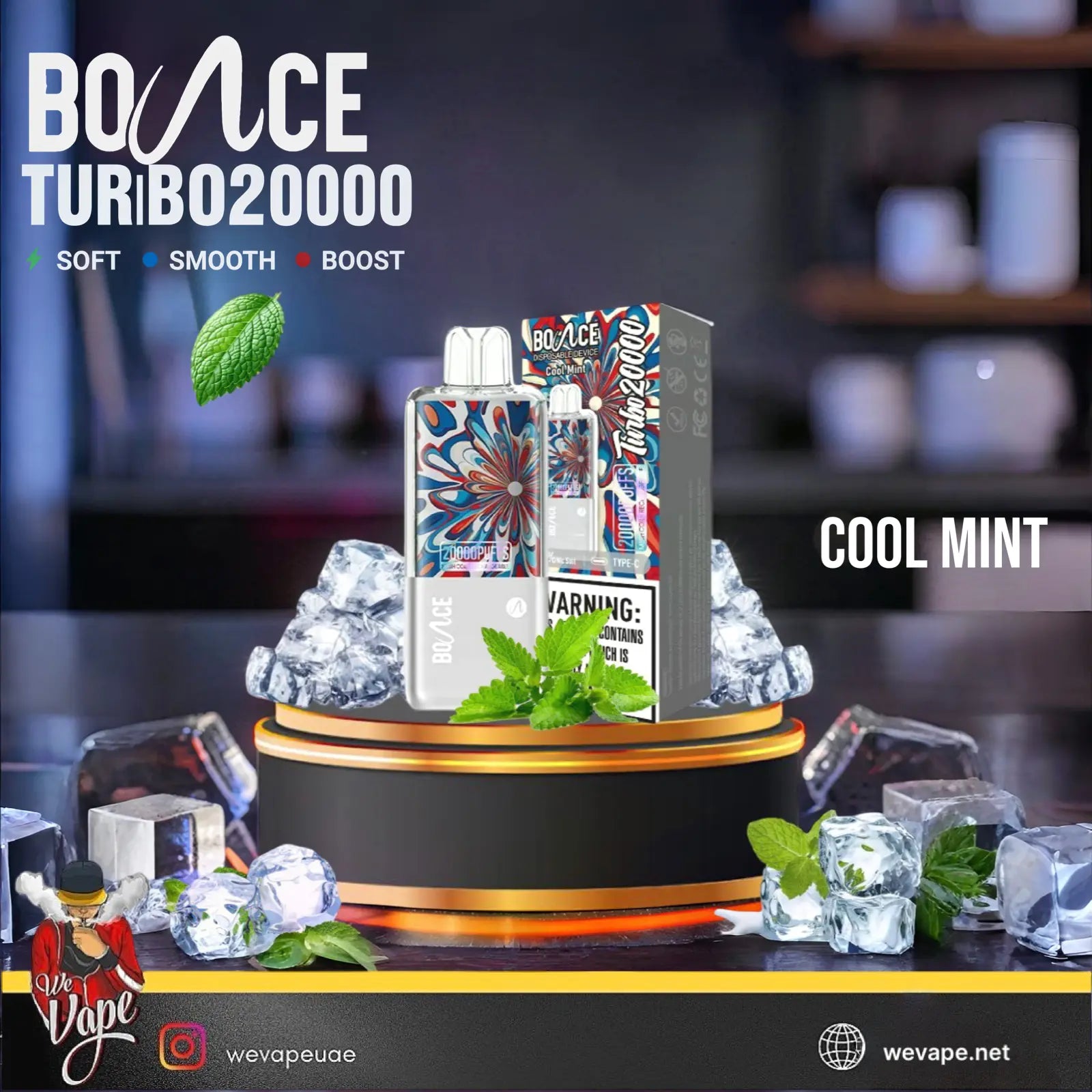 A Bounce Turbo 20000 disposable vape device and its packaging box, featuring a colorful mandala pattern, displayed on a black and gold pedestal surrounded by ice cubes and mint leaves. The background is a dark, blurred cafe or kitchen setting.