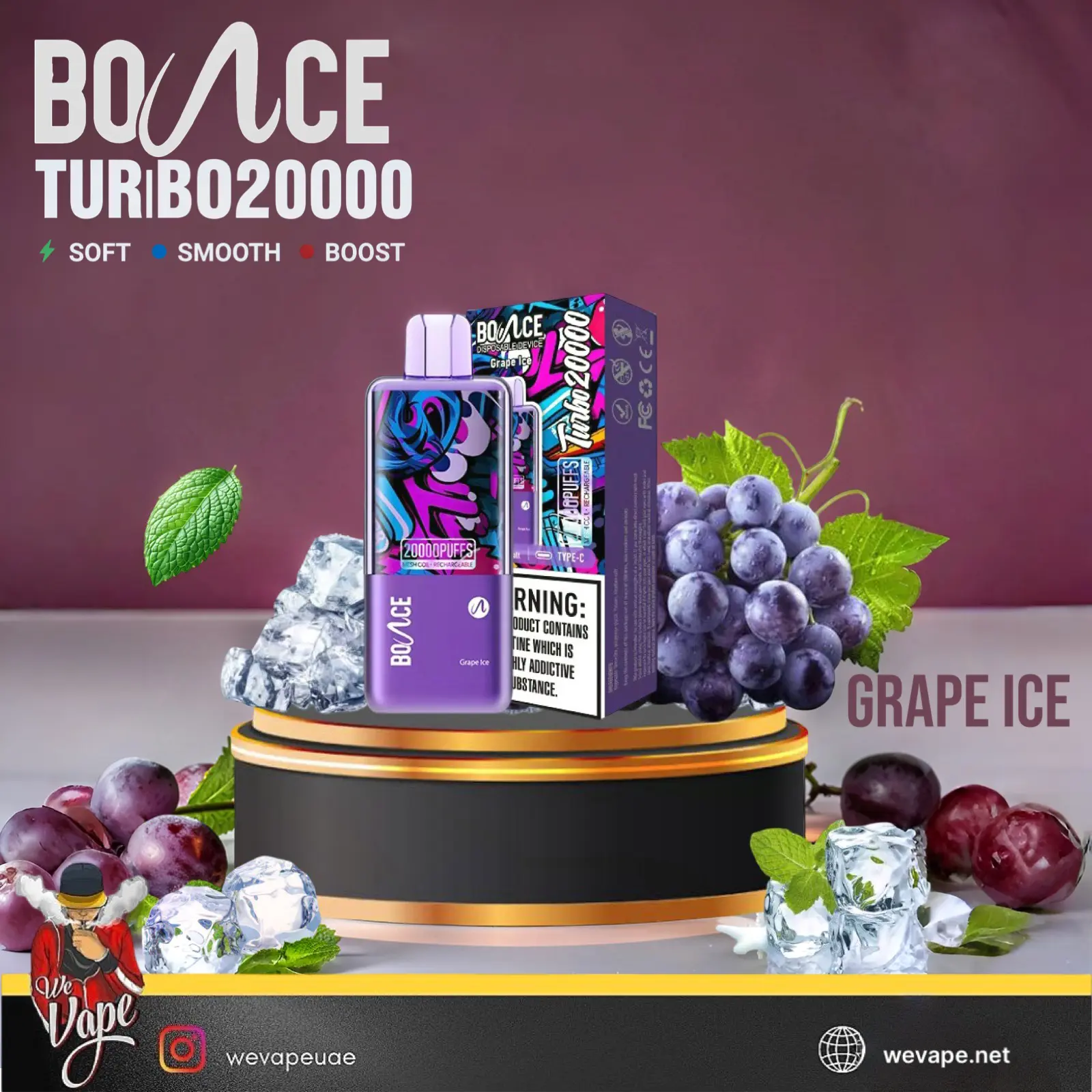 Bounce Turbo 20000 disposable vape device in Grape Ice flavor, displayed next to its retail box on a black and gold pedestal. The device and packaging feature a vibrant purple base with colorful graffiti-style graphics.