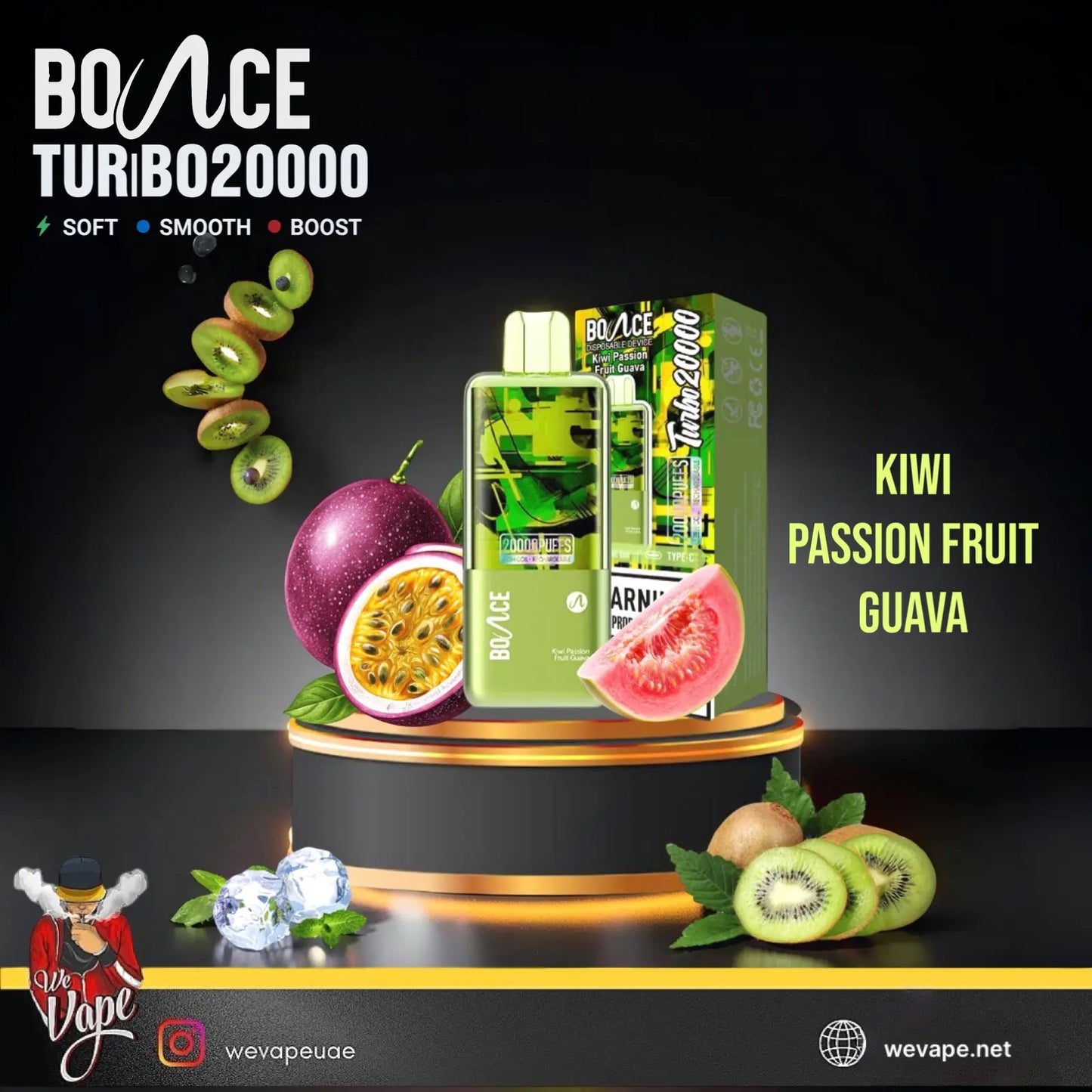 Bounce Turbo 20000 juice bottle and box in kiwi passion fruit guava flavor, displayed on a lit gold pedestal with kiwi, passion fruit, watermelon, and ice props against a dark background.