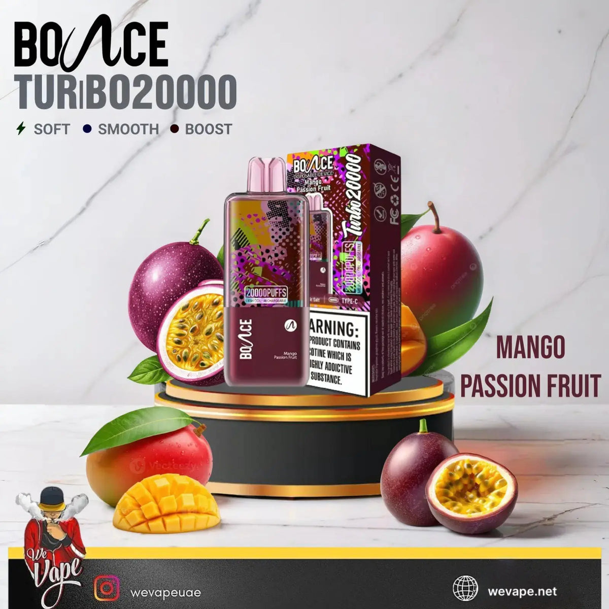 BOvACE Turbo 20000 vape device and packaging box displayed on a black and gold pedestal, surrounded by fresh mango and passion fruit illustrations on a white marble background. The flavor is labeled 'Mango Passion Fruit'.