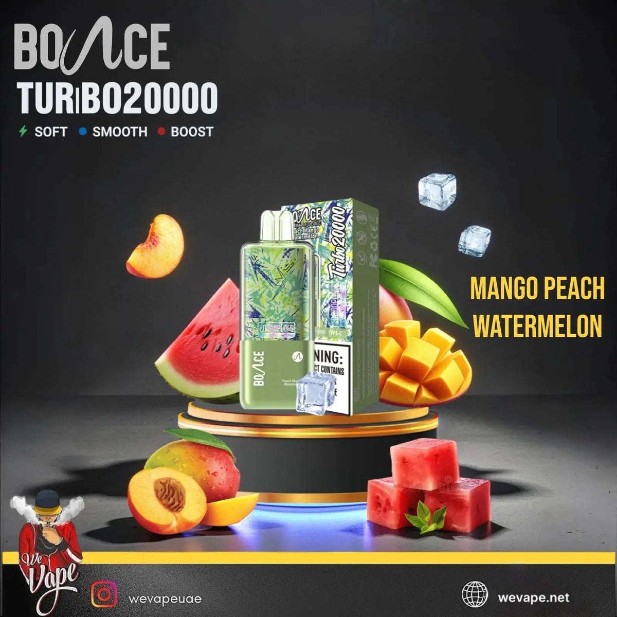 Bounce Turbo 20000 disposable vape device in Mango Peach Watermelon flavor, displayed on a gold tiered pedestal with floating watermelon slices, peach halves, mango chunks, and ice cubes against a dark background.