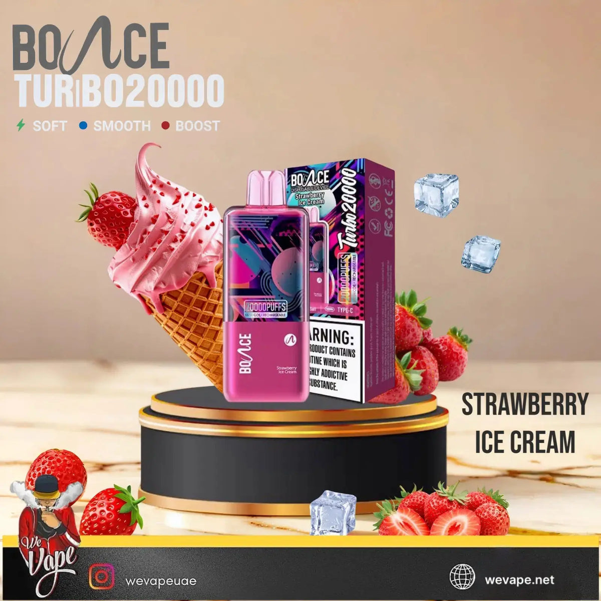 Bounce Turbo 20000 disposable vape device in pink and purple, displayed next to its packaging box on a black and gold pedestal. The background features a floating pink ice cream cone with strawberries, ice cubes, and fresh strawberries, with text reading 'STRAWBERRY ICE CREAM'.
