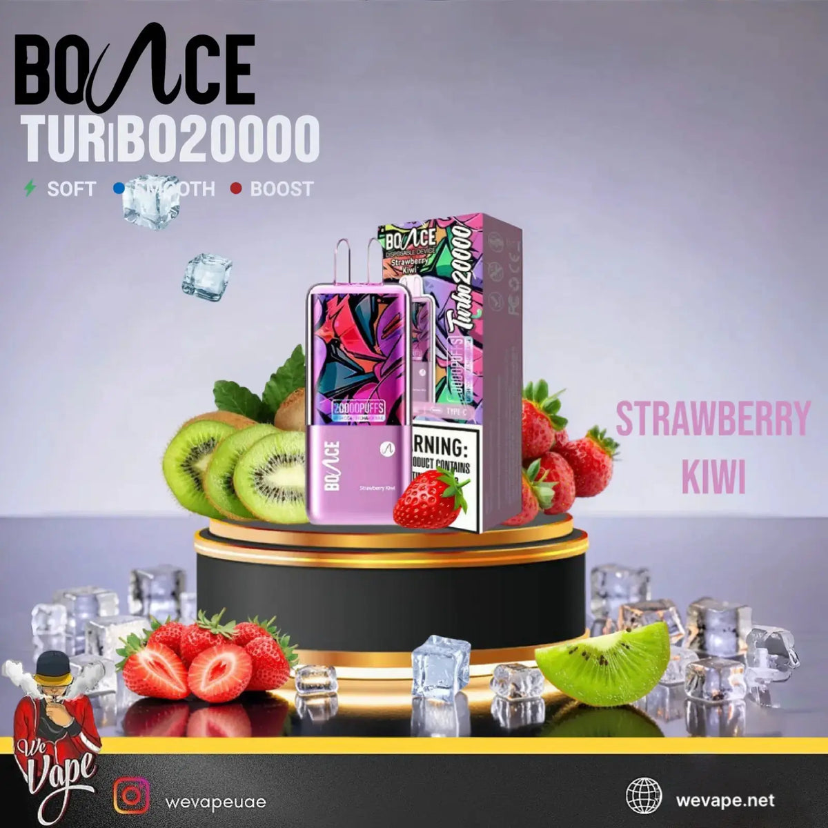 BoACE Turbo 20000 disposable vape device and its packaging displayed on a black and gold pedestal, surrounded by fresh strawberries, kiwi slices, and ice cubes. The background is a soft purple gradient with the text 'BOACE TURBO20000' and 'STRAWBERRY KIWI'.