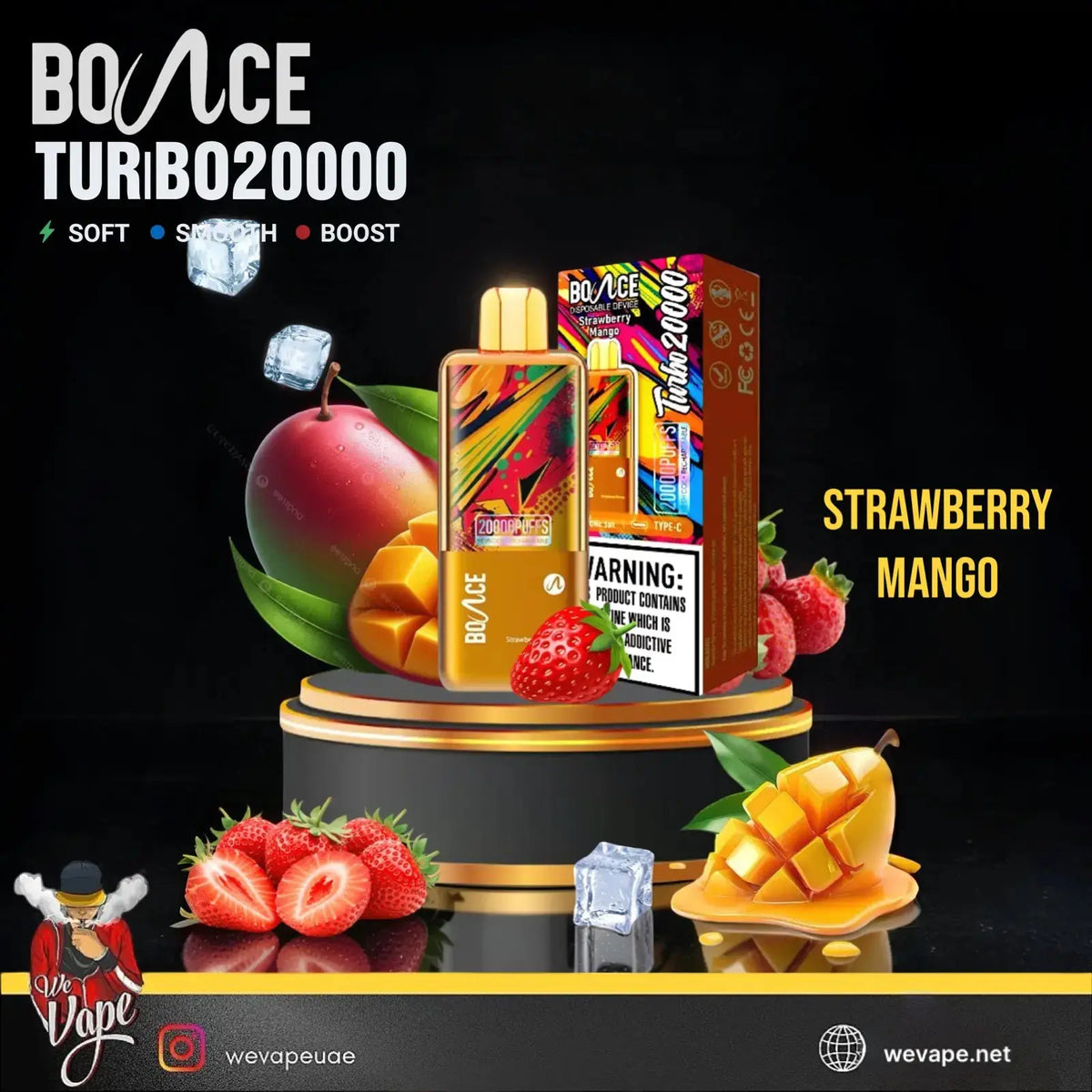 Bounce Turbo 20000 disposable vape device and its packaging box in Strawberry Mango flavor, displayed on a black background with decorative strawberries, mangoes, ice cubes, and promotional text.