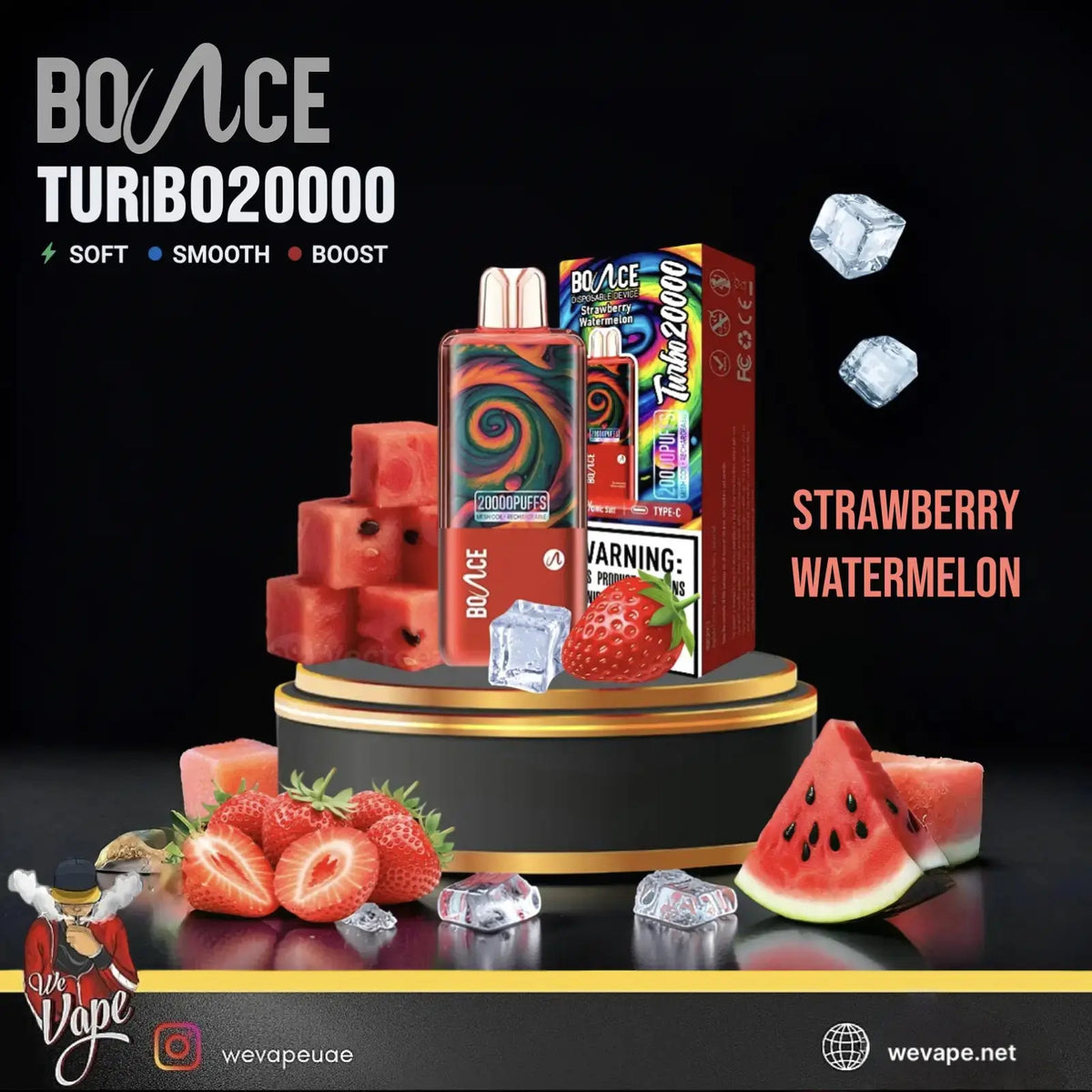 Bounce Turbo 20000 disposable vape device and packaging in a strawberry watermelon flavor, displayed on a black and gold pedestal with watermelon slices, strawberries, and ice cubes on a black background.